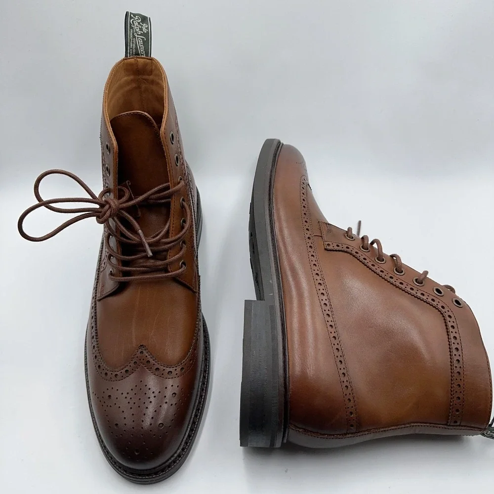 Mens Size 7.5 Polo Ralph Lauren Wingtip Boots Asher Leather Classic Brogue Brown